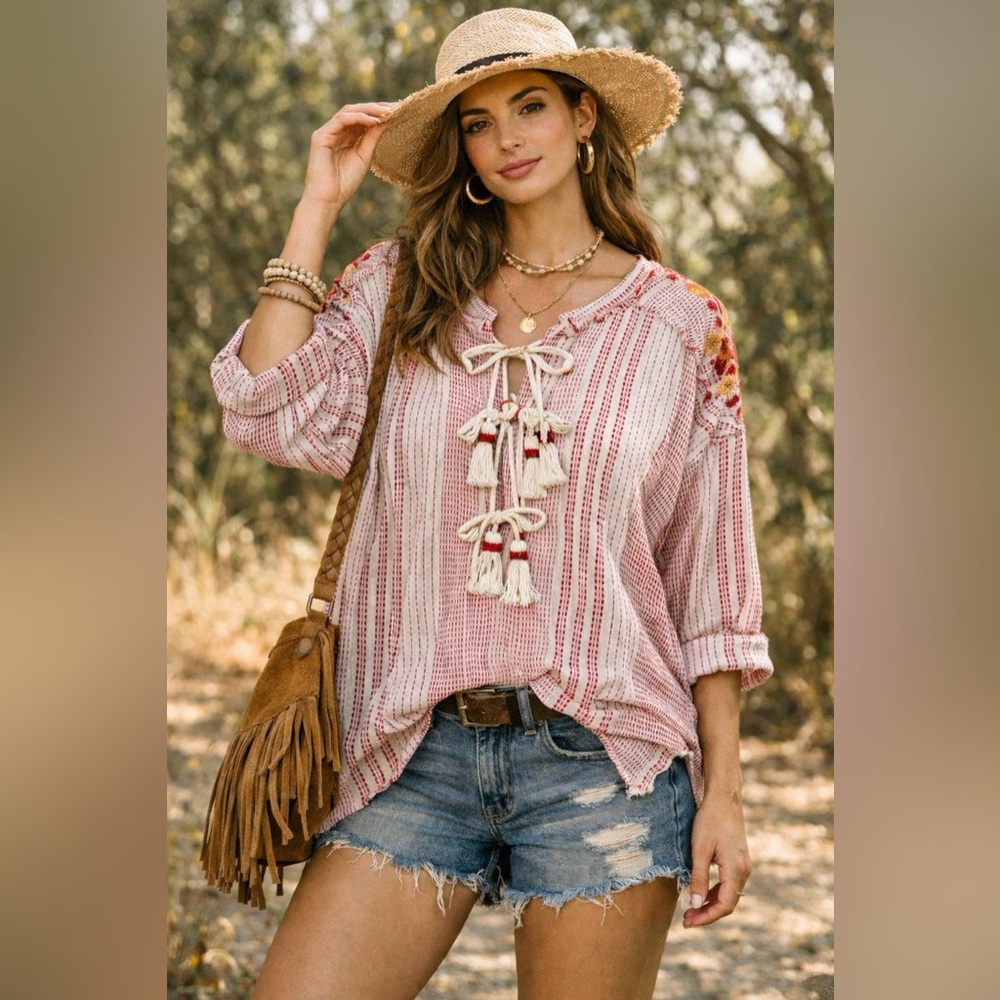 🌺 Johnny Was | Jacque Embellished Tunic – XS – 3/4 Sleeve – Beaded Shoulders-